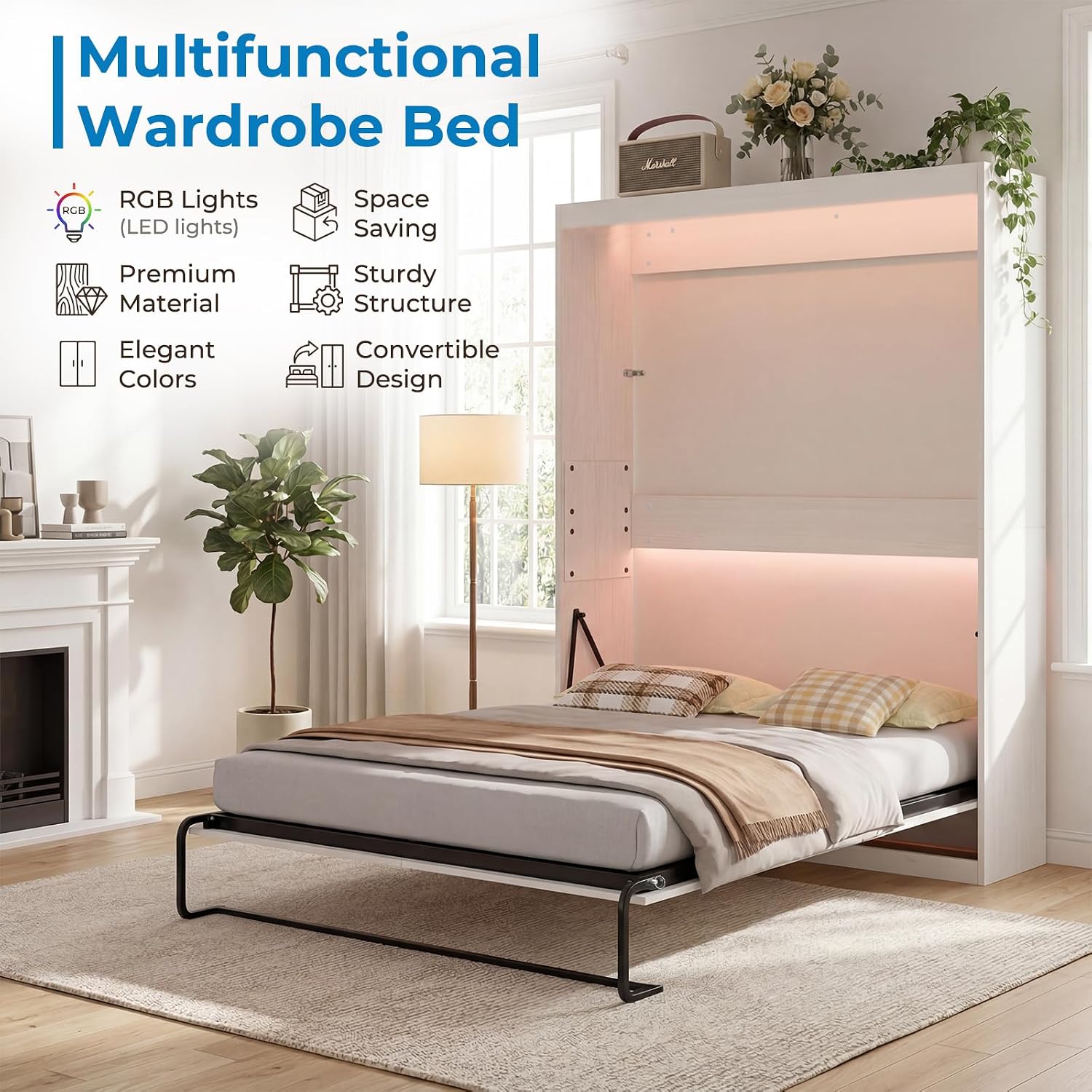 Mjkone Queen Murphy Bed, Cabinet Beds Queen Size, Modern Hidden Murphy Wall Chest Beds with Space-Saving Design, Adults Cabinet Guest Bed with 16 Colors of LED Lights for Bedroom, Apartment - White