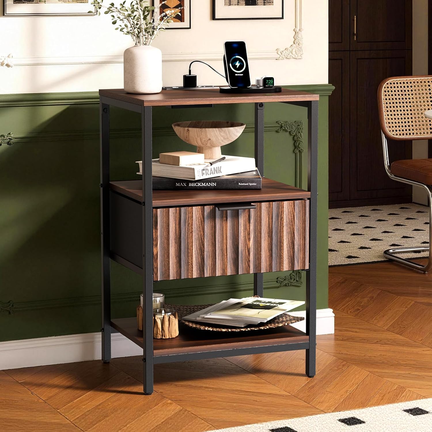 Bonnlo Fluted Nightstand Set of 2, End Table with Fabric Drawer with Charging Station, Night Stand with Storage Shelf & Handle, Fluted Side Table for Bedroom/Living Room,Walunt