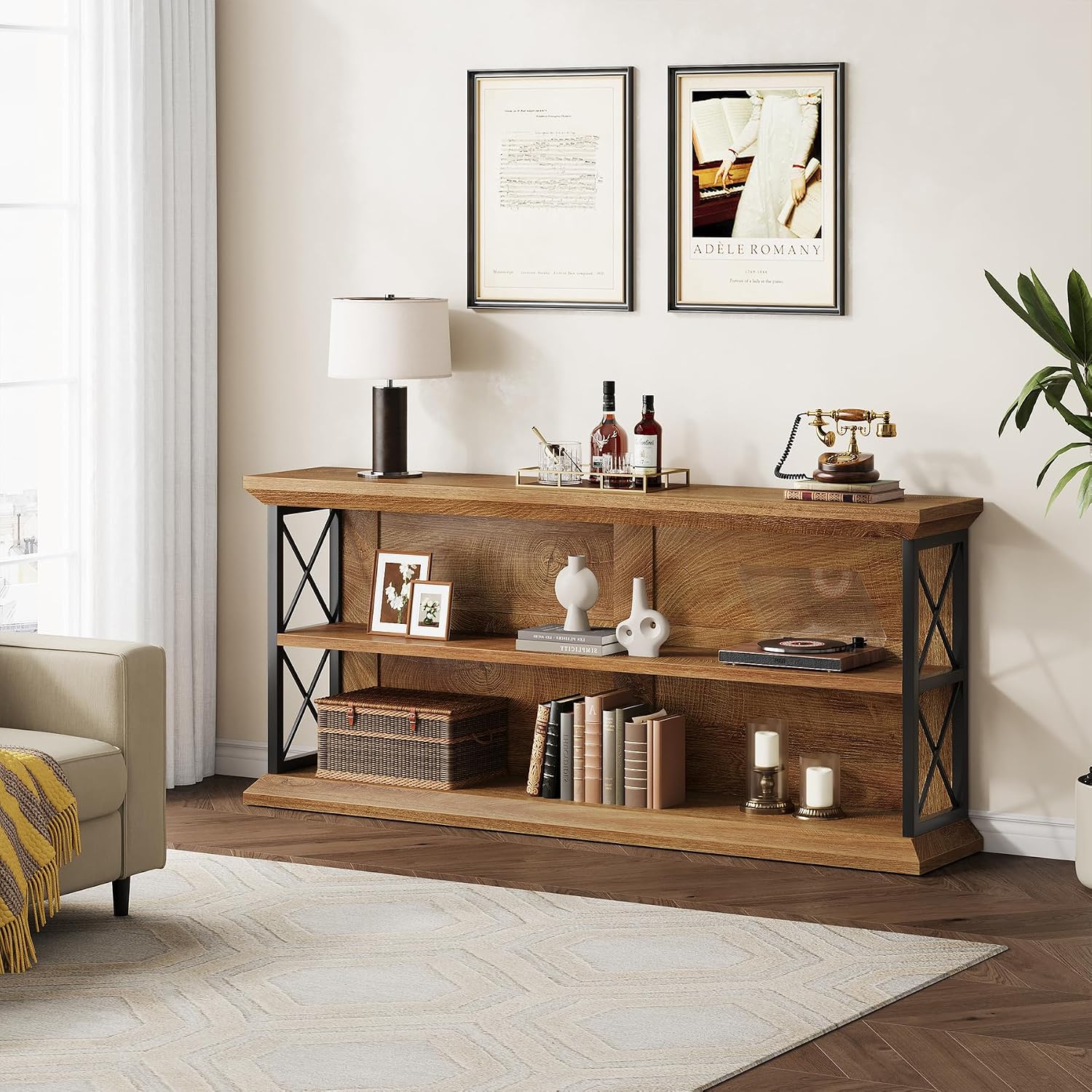 63 Inch Long Console Tables for Entryway with 3-Tier Storage, Wooden Sofa Table Behind Couch for Living Room Hallway, Entry, Oak Brown