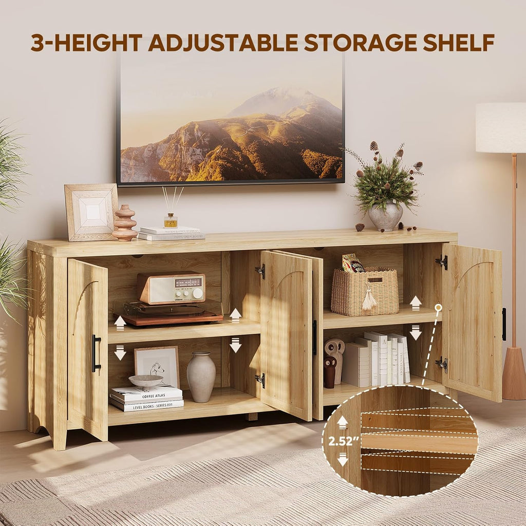 Bestier 70"W Sideboard Buffet Cabinet with Storage, Mid Century Credenza Storage Cabinet, 4 Doors Reeded Sideboard, Adjustable Shelves, Wood Buffet Long Cabinet for Living Room, Entryway, Coastal Oak