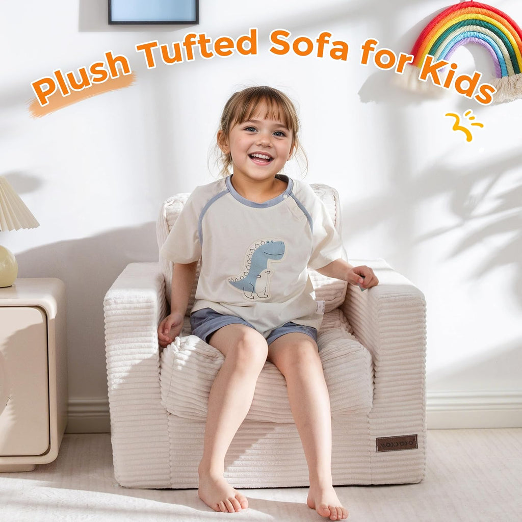 MAXYOYO Kids Bean Bag Chair, Upholstered Bean Bag Sofa Cloud Seat | Boneless Couch with Tufted Cushion & Pillows, Kids Sofa in A Box, No Assembly Required, Beige, Single