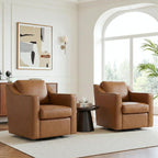 Swivel Accent Chairs Set of 2, 360° Swivel Upholstered Faux Leather Club Armchairs for Living Room, Comfy Single Sofa Reading Chair with Deep Seat, Metal Swivel Base, Brown