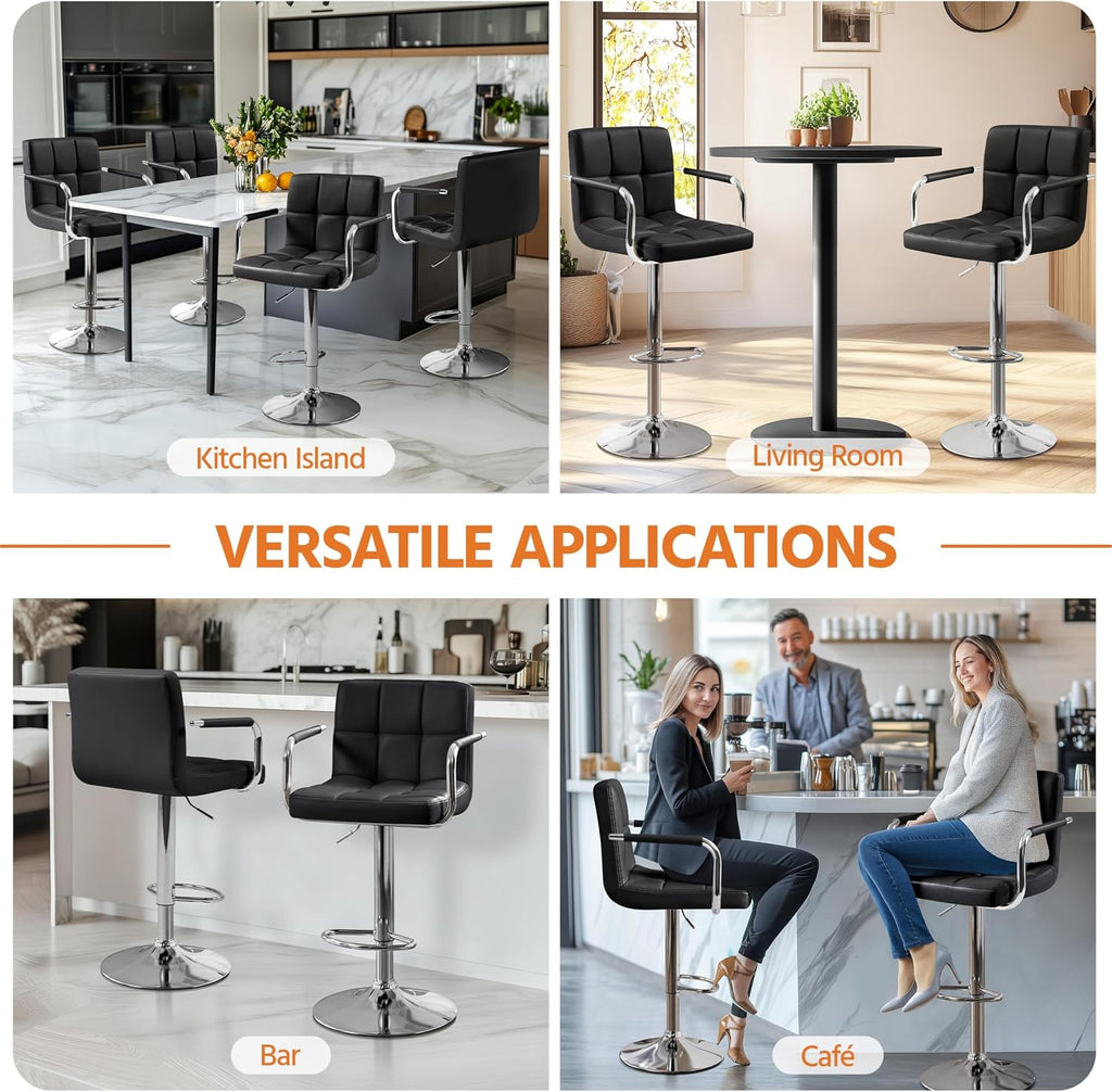 Yaheetech Bar Stools Set of 2, PU Leather Height Adjustable Swivel Barstools, Hydraulic Kitchen Counter Height Bar Chairs with Armrest and Back for Kitchen, Dining Room, Black