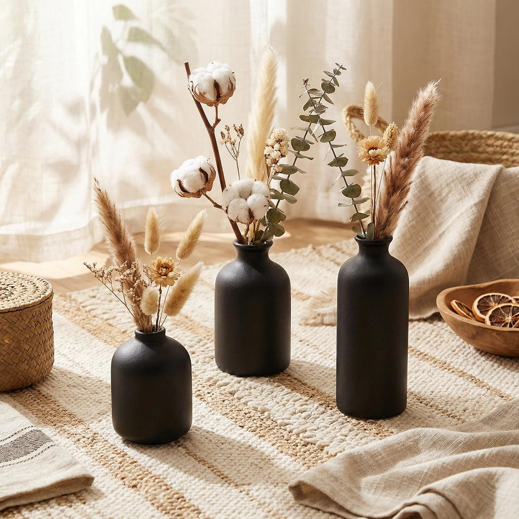 Small Ceramic Vase Set of 3, Boho Home Decor Vases for Dried Flowers,Farmhouse,Shelf,Bathroom,Centerpiece for Entryway Table Decoration Gifts