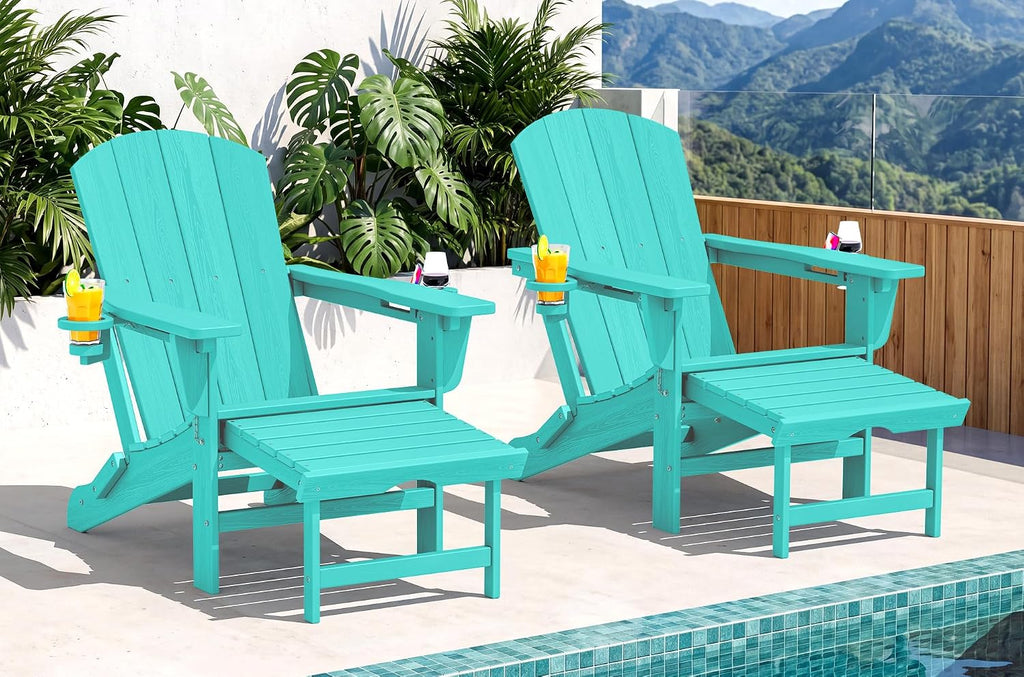 SERWALL Folding Adjustable Adirondack Chairs with Footrest Set of 2, HDPE Outdoor Chair with Dual Cup Holders, All Weather Adirondack Chair with Ottoman, Aruba