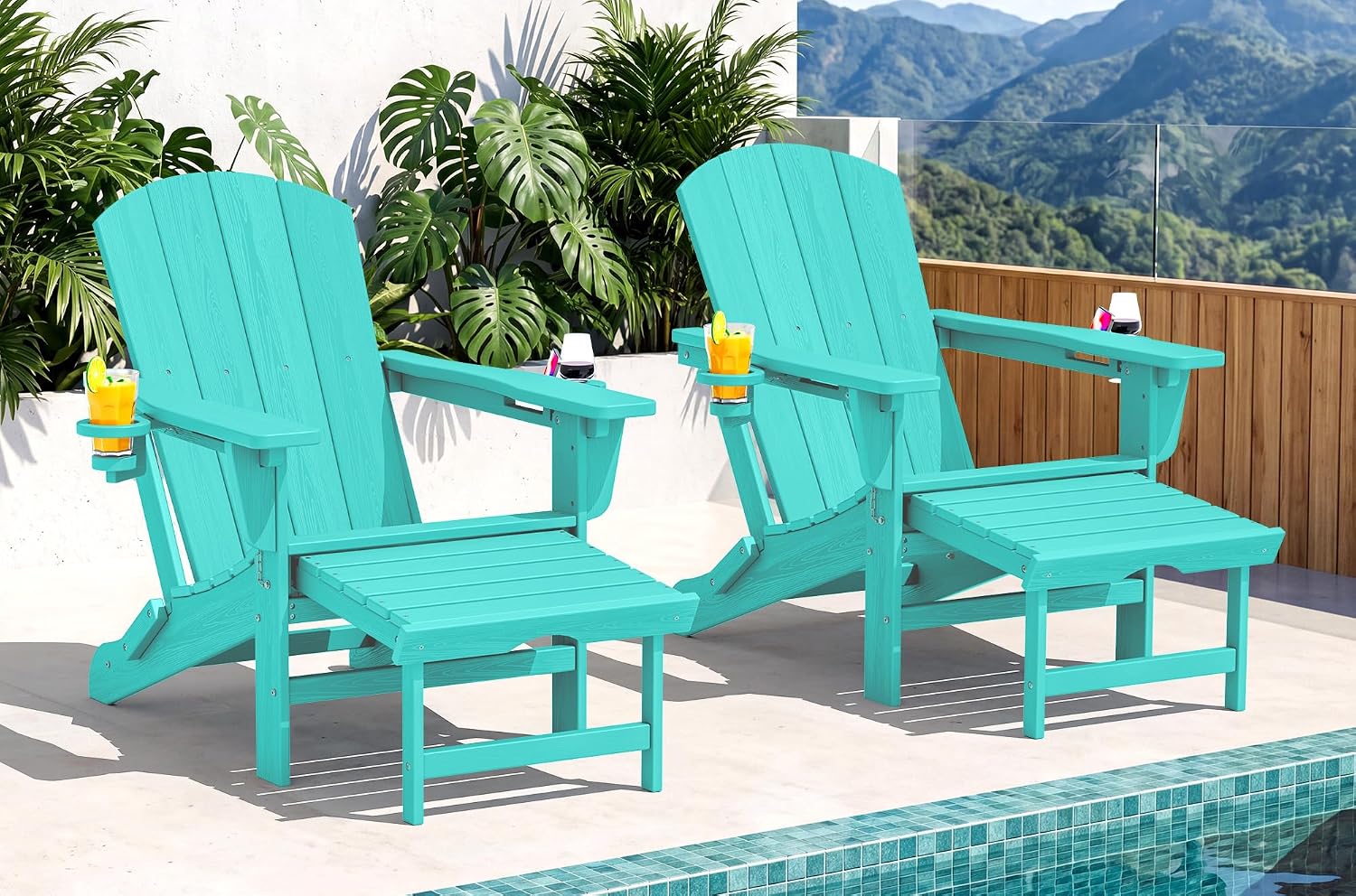 SERWALL Folding Adjustable Adirondack Chairs with Footrest Set of 2, HDPE Outdoor Chair with Dual Cup Holders, All Weather Adirondack Chair with Ottoman, Aruba