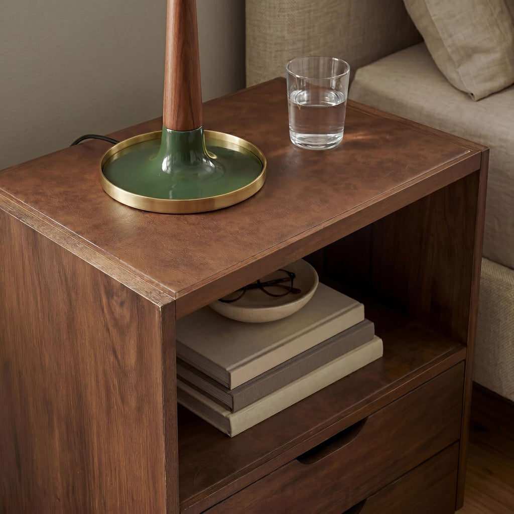 Vegan Leather Top Nightstand or End Table with Two Drawers and Open Shelf, Modern Plinth Base for Bedroom Living Room or Entryway