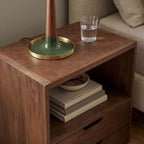 Vegan Leather Top Nightstand or End Table with Two Drawers and Open Shelf, Modern Plinth Base for Bedroom Living Room or Entryway