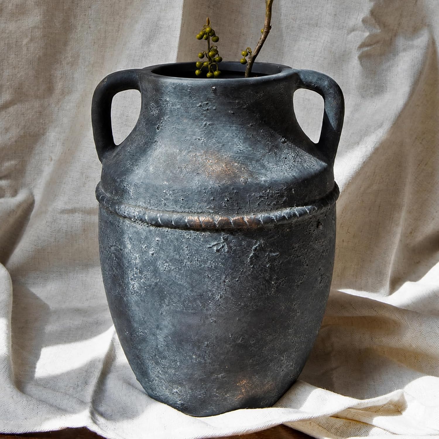 Ceramic Flower Vase Home Decor - 9 inch Farmhouse Rustic Vases, Vintage Pottery with Handles for Living Room Kitchen Bookshelf Mantel Coffee Table Dining Fireplace,Thoughtful Gift (Black Gold)