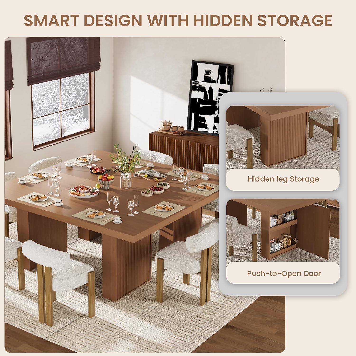 Garvee 70.8" Dining Table for 6 8 10, Modern Dining Room Table with Storage, Wood Kitchen Table with Fluted Legs, Dinner Tables for Kitchen Dining Room,Nut-Brown