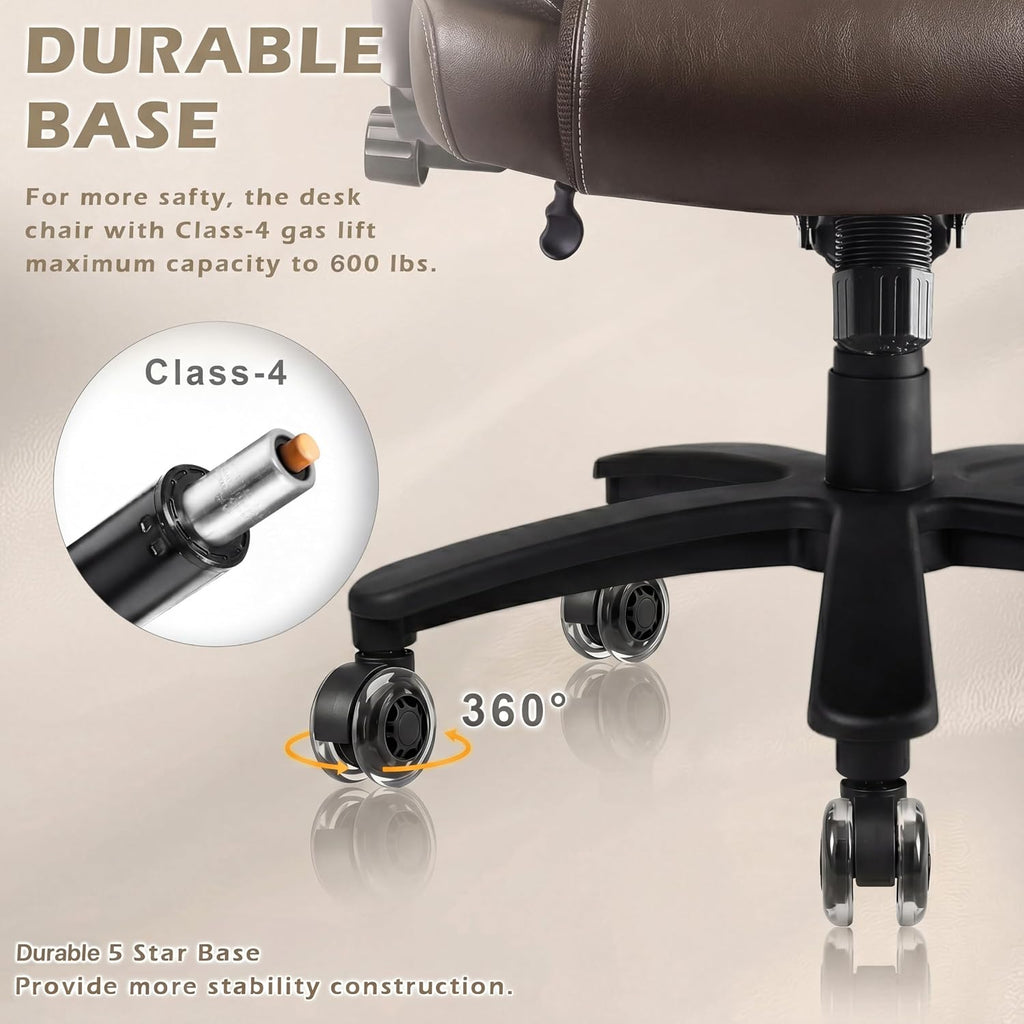 LEMBERI 500lbs Big and Tall Office Chair, Heavy Duty Executive Chair, High Back Desk Chair, Adjustable Lumbar Support, Pocket Spring Cushion, for Heavy People (Brown)