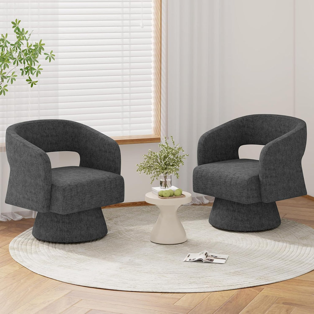 Luxanimarion Swivel Barrel Accent Chair,Oversized Teddy Upholstered Round Swivel Chair,Modern Luxury 360 Degree Living Room Vanity Chair for Bedroom Office,Black Chenille,2PCS