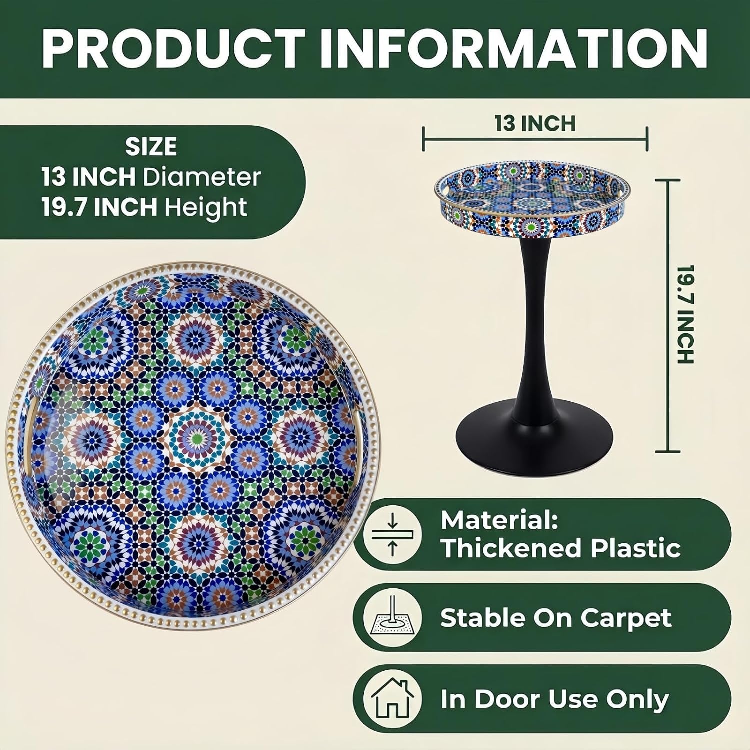 Gesodant Boho Chic Round Side Table, 13" Artistic Patterned Small Drink Table with Glossy Tray Top, Stable Hourglass Pedestal Base, Unique Plastic End Table for Living Room, (Moroccan)