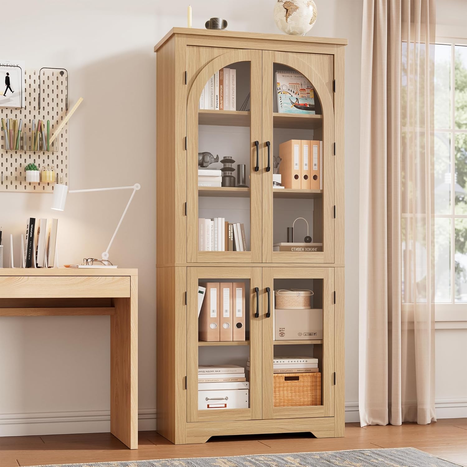 70" Kitchen Pantry Storage Cabinet - Modern Display Pantry Storage with 4 Arched Glass Doors and Adjustable Shelves, Versatile Cupboard Organizers for Kitchen, Dining Room, Living Room, Natural