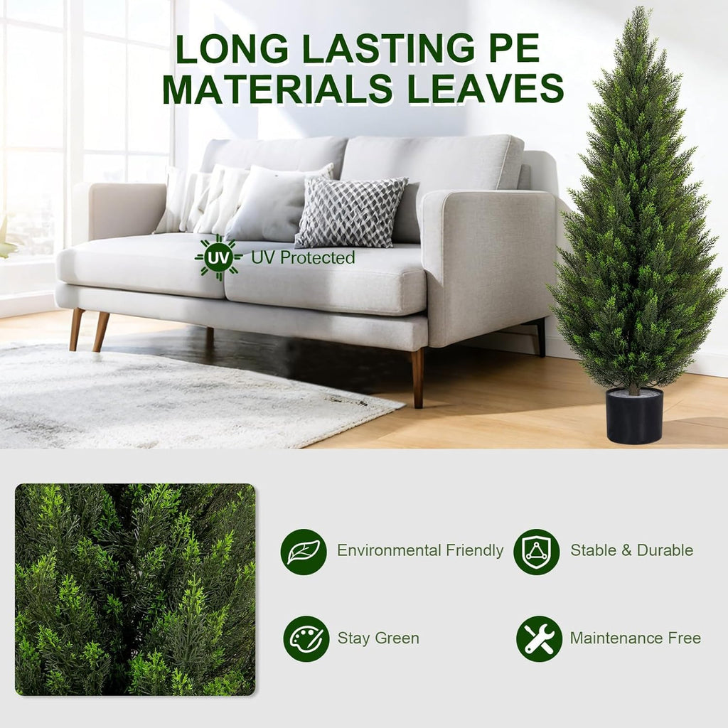 Artificial Cedar Trees 3FT Faux Cedar Topiary Evergreen Plants UV Resistant Outdoor Indoor Fake Cypress Pine Trees with Planter for Front Porch Entryway Patio Garden Home Decor Set of 2