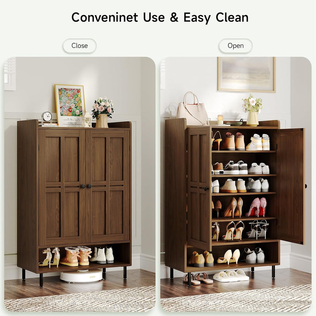 ONBRILL Shoe Cabinet with Cross Molding Doors, 6-Tier Shoe Storage Cabinet with 3 Adjustable Shelves and Metal Legs, 45'' Tall Shoes Rack Organizer Cabinet for Entryway, Front Door, Walnut