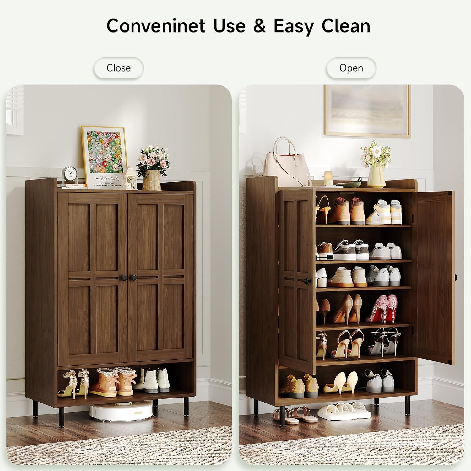 ONBRILL Shoe Cabinet with Cross Molding Doors, 6-Tier Shoe Storage Cabinet with 3 Adjustable Shelves and Metal Legs, 45'' Tall Shoes Rack Organizer Cabinet for Entryway, Front Door, Walnut