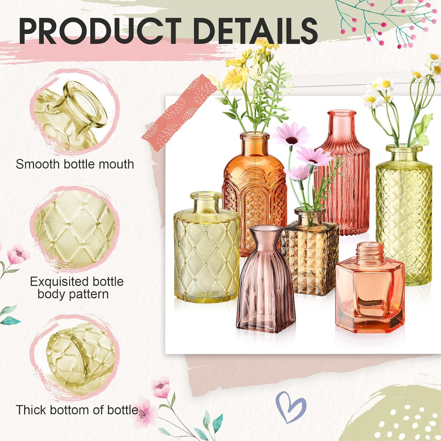Yaomiao 30 Pcs Vases Bulk Colored Flower Glass Bud Vases Valentine Vintage Colored Glass Bottles Colorful Rustic Embossed for Home Wedding Table Decorations Gifts(Orange Yellow Series)
