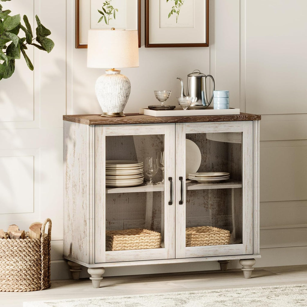 WAMAPT Kitchen Storage Cabinets, Farmhouse Sideboard Buffet Cabinets with Glass Door, Wood Coffee Bar Tables with Adjustable Shelf for Dining Room, Living Room, Rustic White