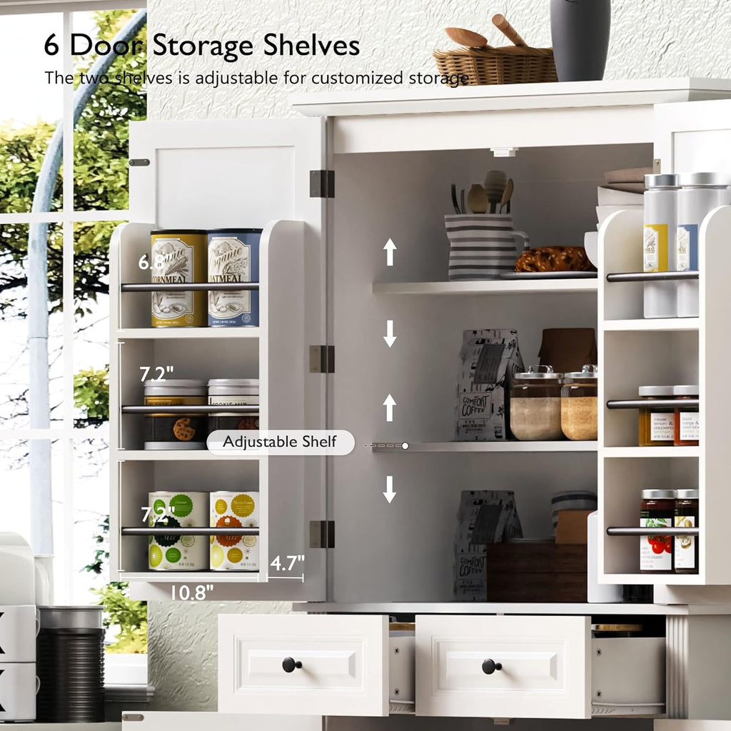 71" Tall Kitchen Pantry Cabinet with 3 Pull Out Cabinet Organizers, Farmhouse Pantry Storage with 6 Door Shelves, 2 Drawers, Freestanding Cupboard for Kitchen, Dining Room White