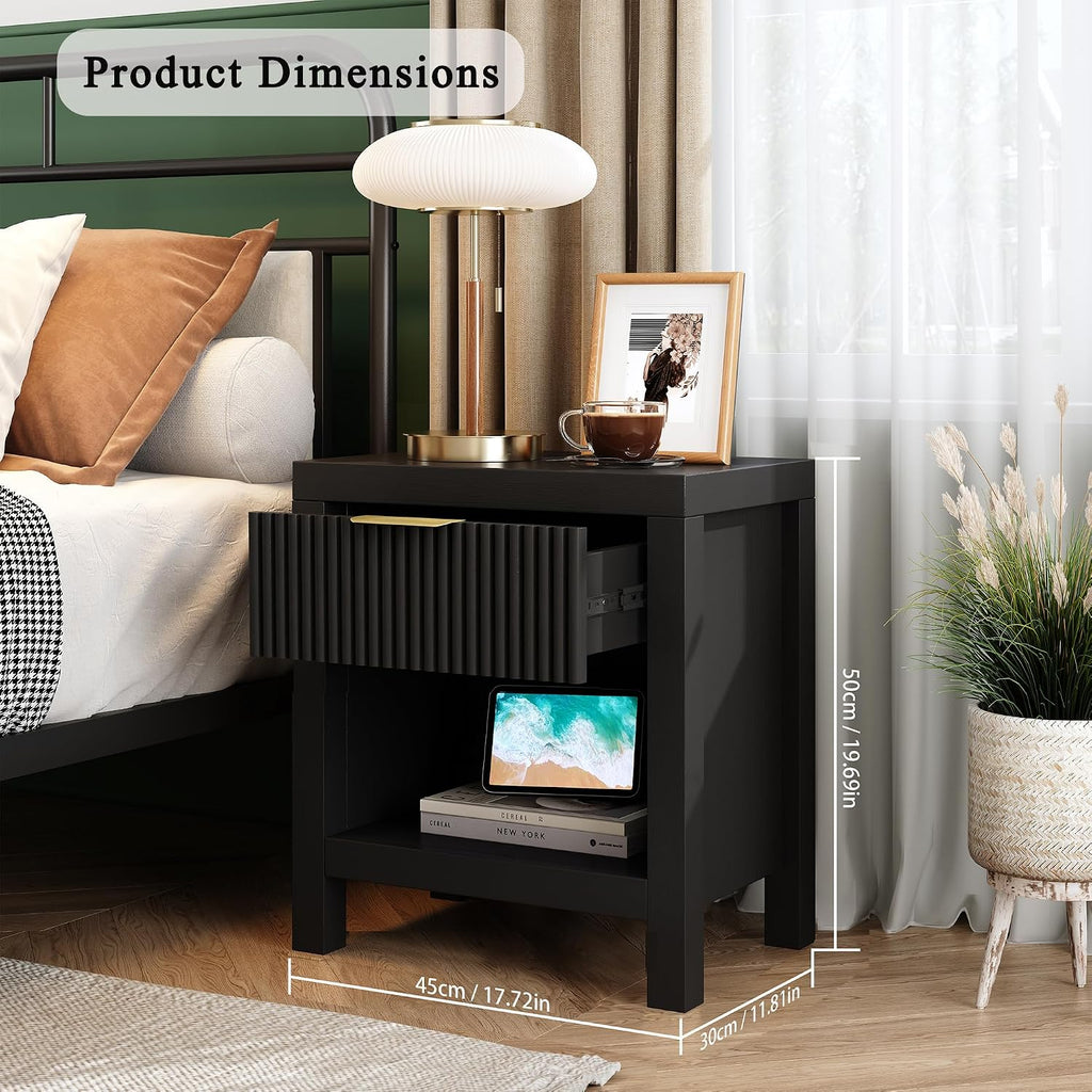 Nightstand Set of 2, Mid Century Modern Wooden Farmhouse Fluted Cabinet Bedside Cabinet, Boho End Table Side Table with Storage Drawer and Open Shelf, for Living Room, Office (Black)