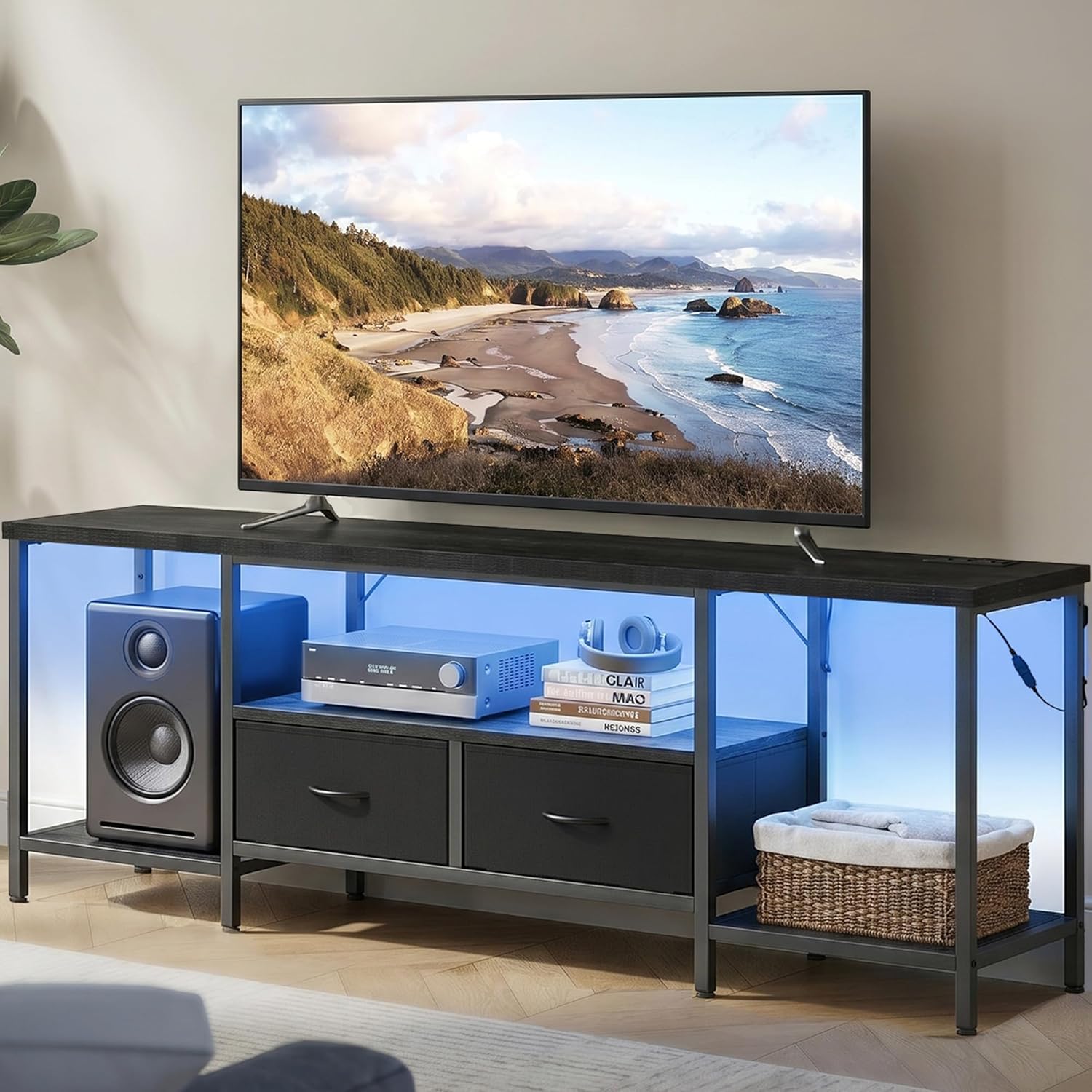 SONGMICS BELLAH Collection - TV Stand with Power Outlets and Lights, Entertainment Center Media Console for TVs Up to 70 Inches, Living Room, Shelves, Drawers, Modern, Ink Black ULGS420B101S