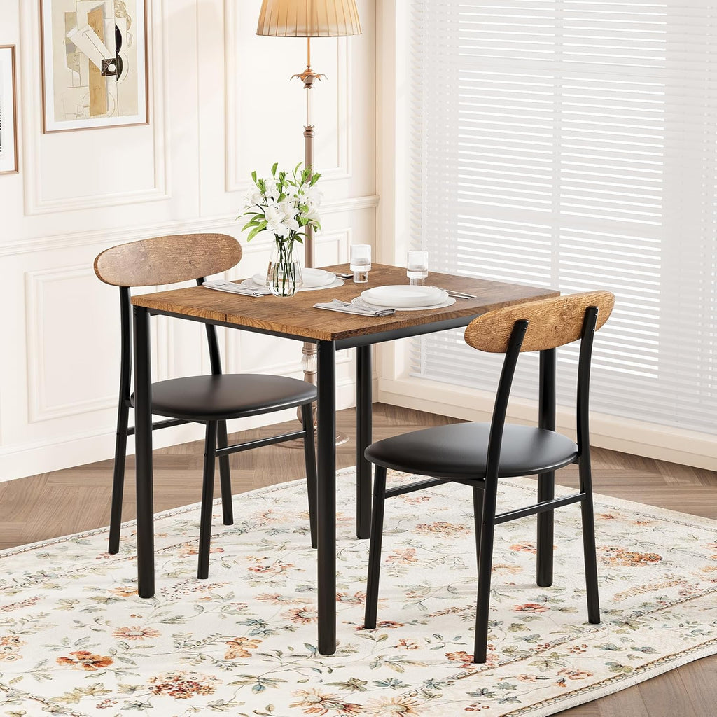 Yumori Dining Table Set for 2, Wood Square Table with 2 Upholstered Chairs for Kitchen and Dining Room, Space Saving (Rustic Brown)