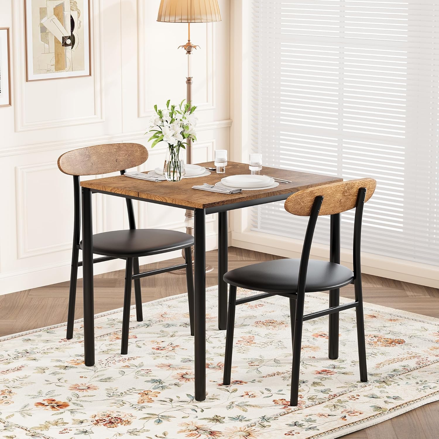 Yumori Dining Table Set for 2, Wood Square Table with 2 Upholstered Chairs for Kitchen and Dining Room, Space Saving (Rustic Brown)