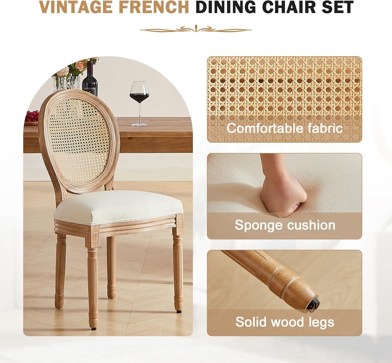 Nrizc Farmhouse Fabric Dining Room Chairs Set of 6, French Chairs with Round Back, Woven Rattan Dining Chair, Oval Side Chair for Dining Room/Kitchen/Restaurant