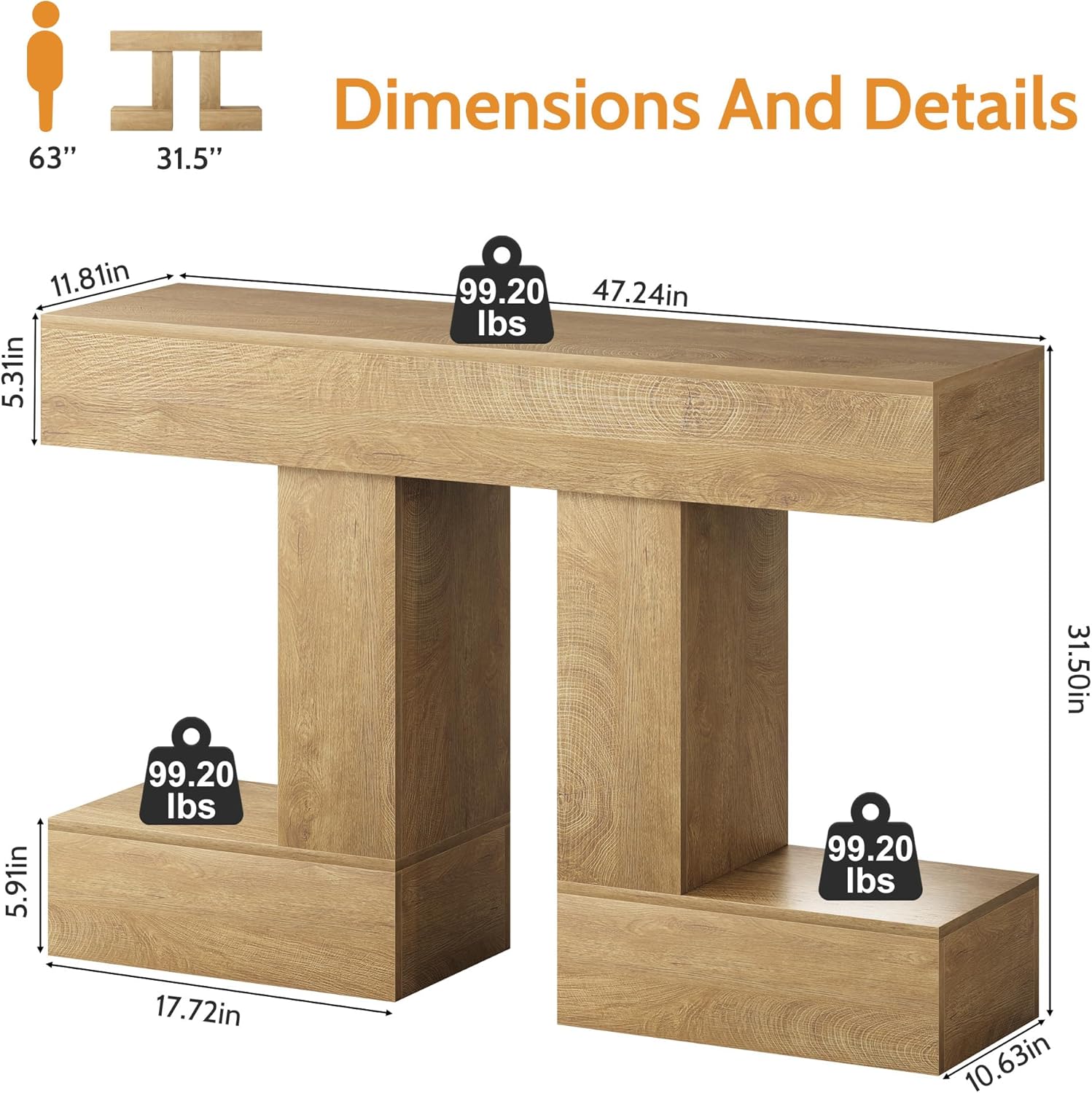 47.24-Inch Console Table, Farmhouse Sofa Table Behind Couch with Storage, Industrial Entryway Table for Living Room, Hallway, Entrance & Foyer, Natural Wood Finish