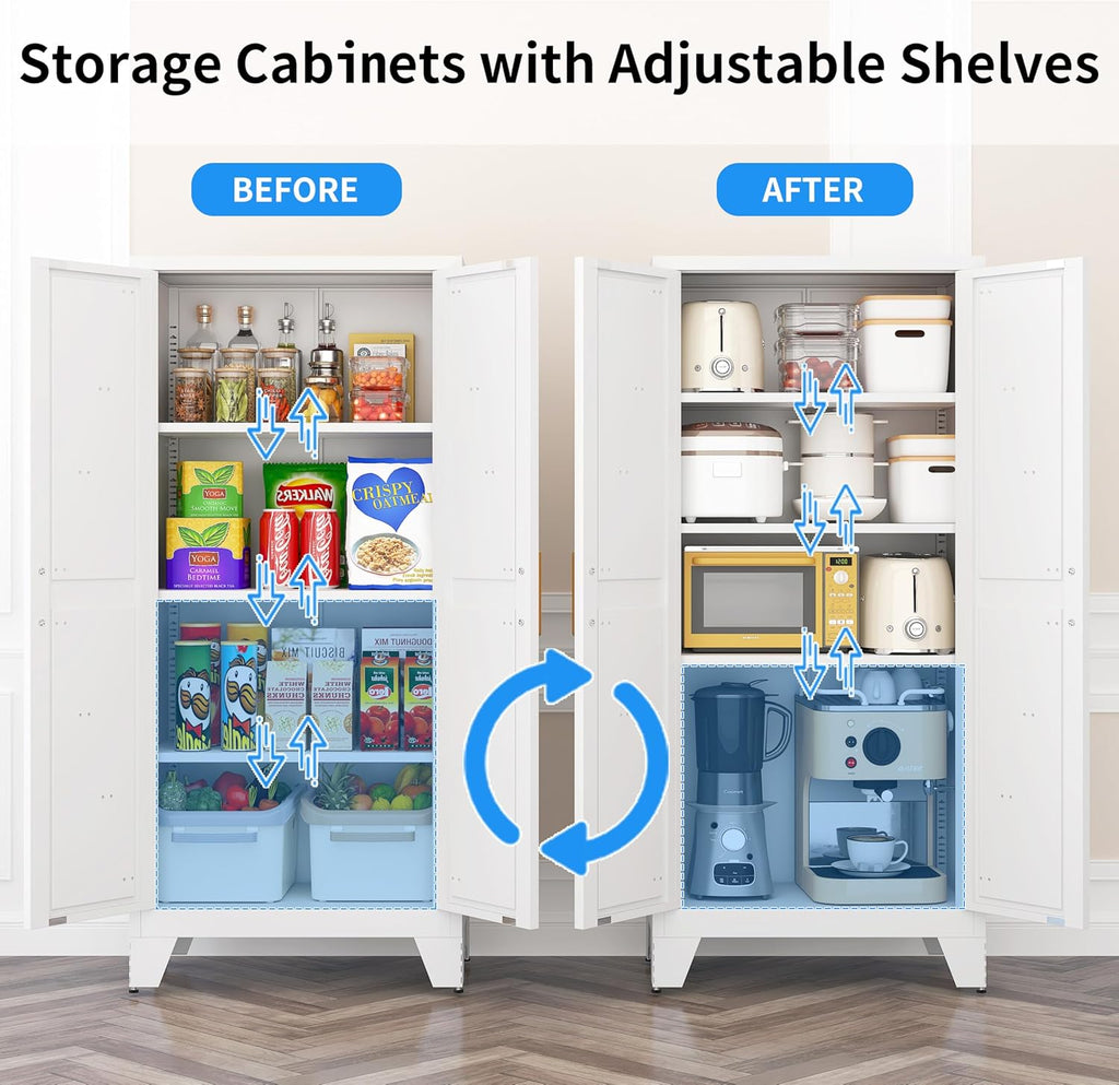 61" Tall Pantry Cabinet, White Metal Pantry Storage Cabinet, Kitchen Pantry Storage Cabinets with 2 Door and 3 Adjustable Shelves (White, 61" Modern)