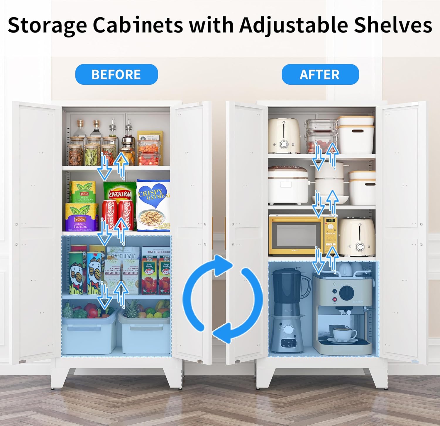 61" Tall Pantry Cabinet, White Metal Pantry Storage Cabinet, Kitchen Pantry Storage Cabinets with 2 Door and 3 Adjustable Shelves (White, 61" Modern)