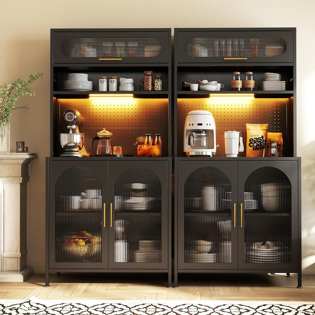 BECHEAO 5 Tier Metal Kitchen Pantry Storage Cabinet with LED Sensor Light, 66" Tall Food Pantry Cabinet, DIY Pegboard, Adjustable Shelves, Microwave Stand & Coffee Bar with Storage for Kitchen, Black