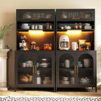 BECHEAO 5 Tier Metal Kitchen Pantry Storage Cabinet with LED Sensor Light, 66" Tall Food Pantry Cabinet, DIY Pegboard, Adjustable Shelves, Microwave Stand & Coffee Bar with Storage for Kitchen, Black