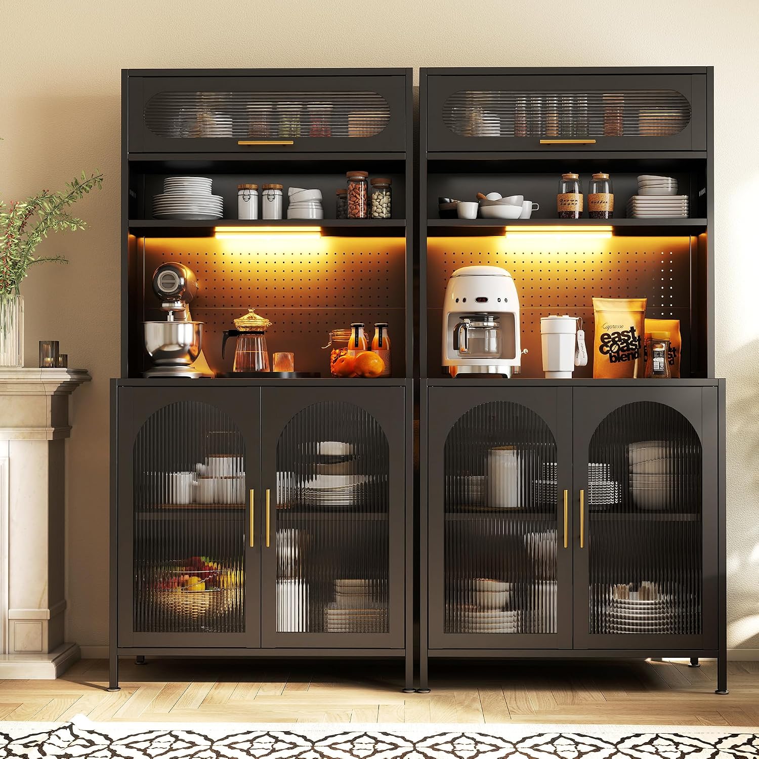 BECHEAO 5 Tier Metal Kitchen Pantry Storage Cabinet with LED Sensor Light, 66" Tall Food Pantry Cabinet, DIY Pegboard, Adjustable Shelves, Microwave Stand & Coffee Bar with Storage for Kitchen, Black