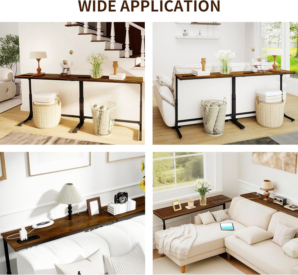 2 Pack Wide Behind Couch Table with Charging Station, 11.8" Deep C-Shaped Sofa Table, 78.8" Long Narrow Console Table with Adjustable Height (25"-33"), USB-C & Outlets, Rustic Brown