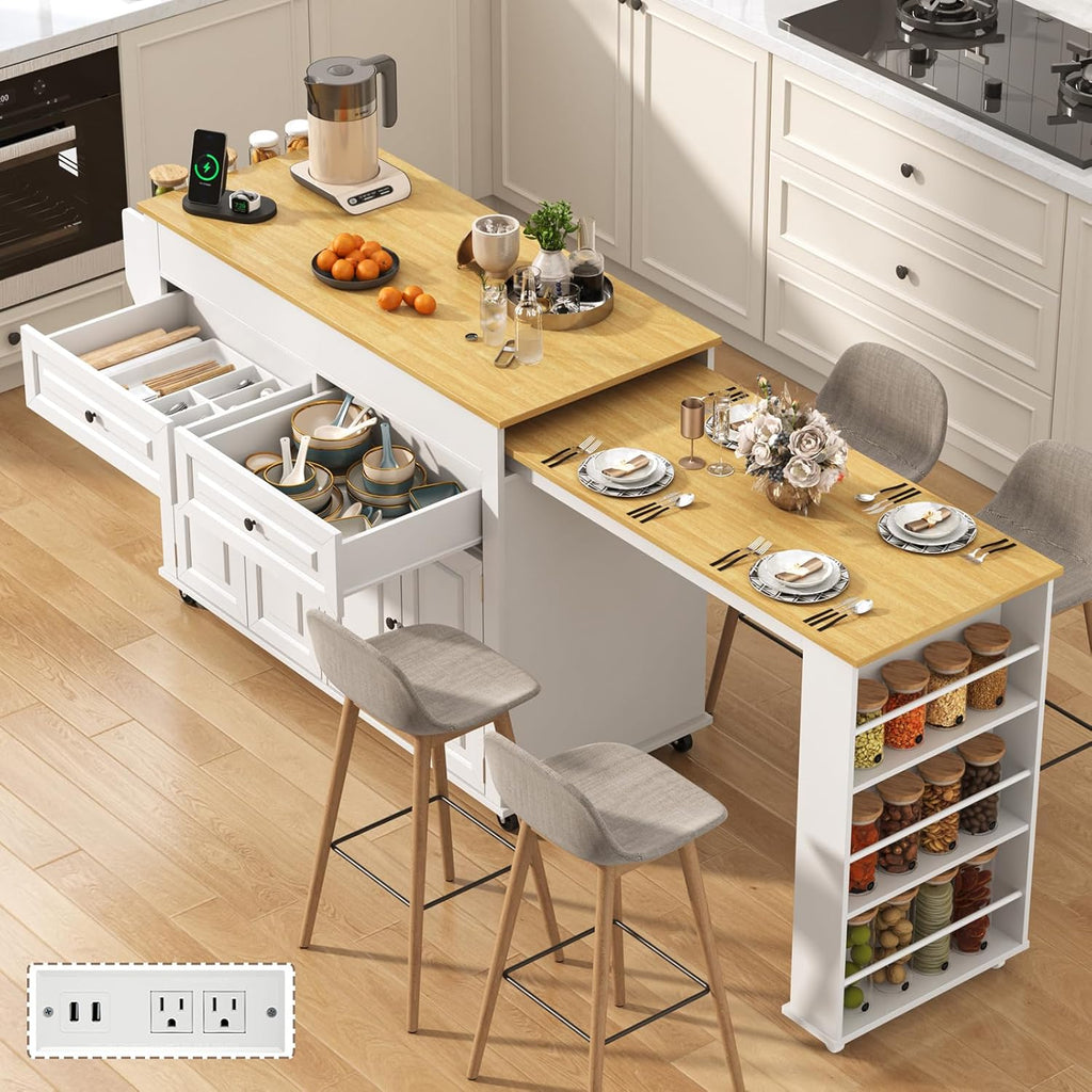 80"-48" Extendable Kitchen Island with Extended Dining Table and Power Outlet,Large Mobile Kitchen Storage Islands with 2 Storage Drawers,Rolling Islands Cart with 3 Extra Rows Open Shelves(White)