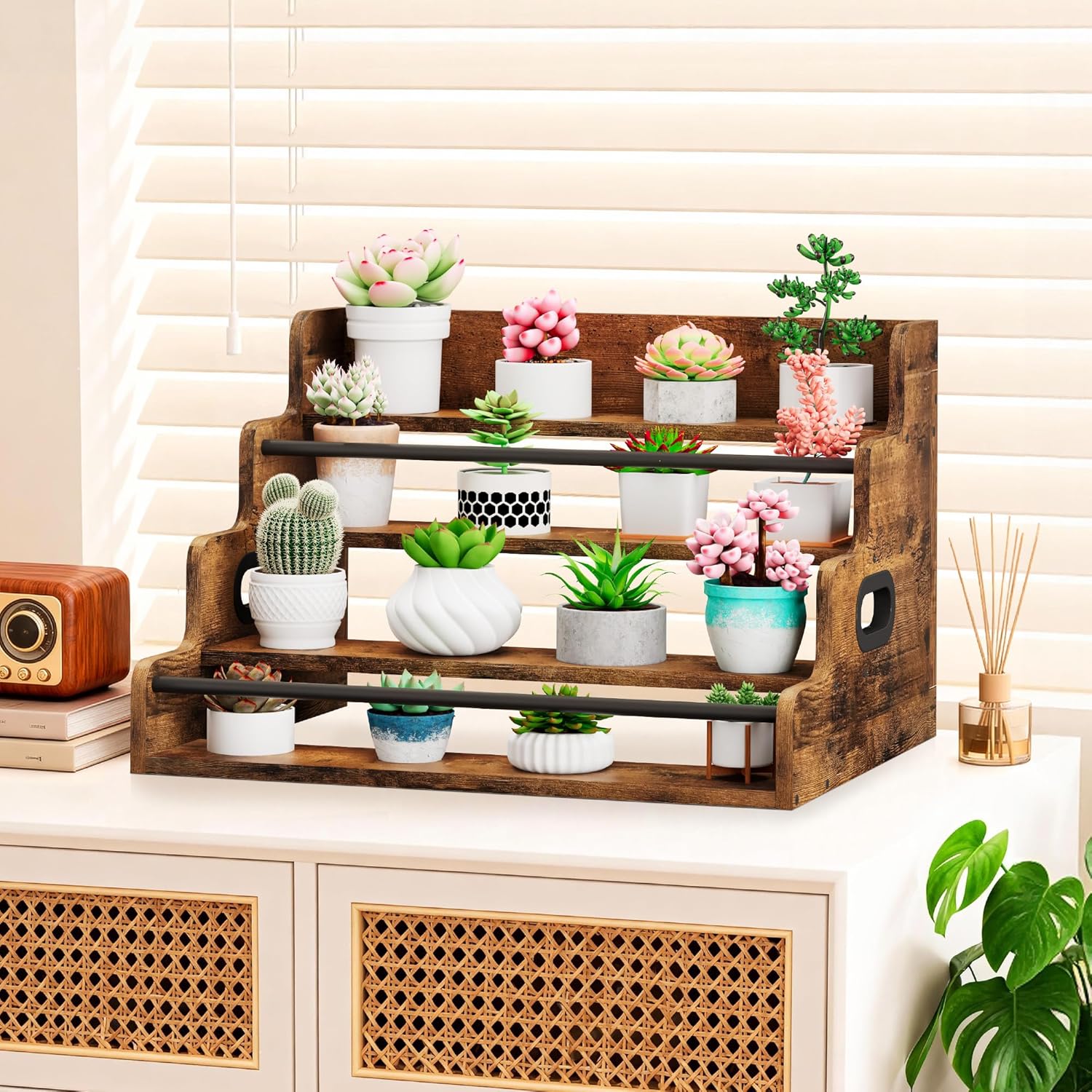 LIVELYGLOW 19.6”W x 15.74" D x 12.5" H Inches Versatile 4-Step Coffee Syrup & Water Bottle Organizer Rack Multi-Functional Retro Display Shelf for Kitchen or Bar, Holds Liquor & Spirits, Wooden