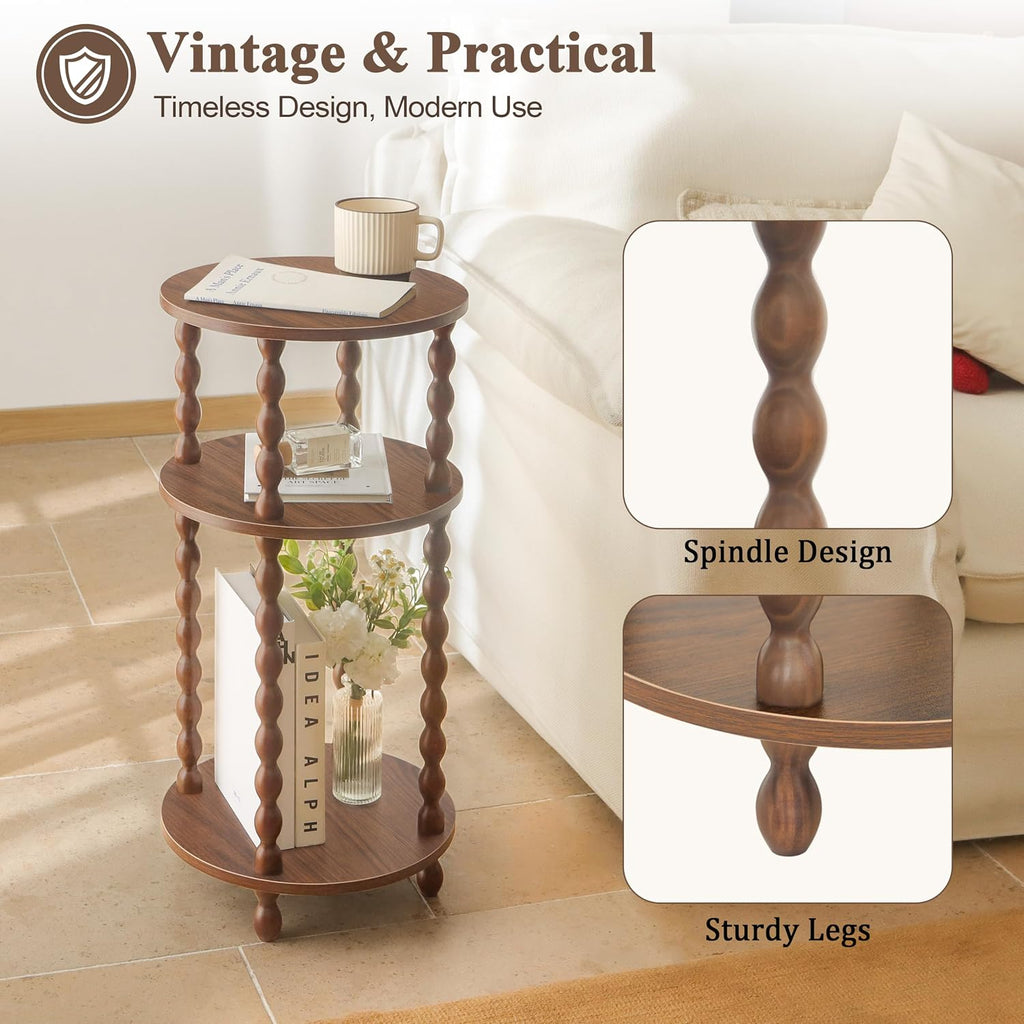 AWASEN Small Round End Table, Round Side Table with 3-Tier Open Shelf for Small Spaces, Wood Accent Table Nightstand for Bedroom, Living Room, Office, Walnut Brown