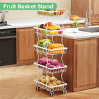 SAYZH Fruit Basket Kitchen Pantry Organizers and Storage - 5 Tier Stackable Metal Wire Basket Stand For Fruit Vegetable Snacks Jars Bins Containers Organization (White, 5 Tiers)