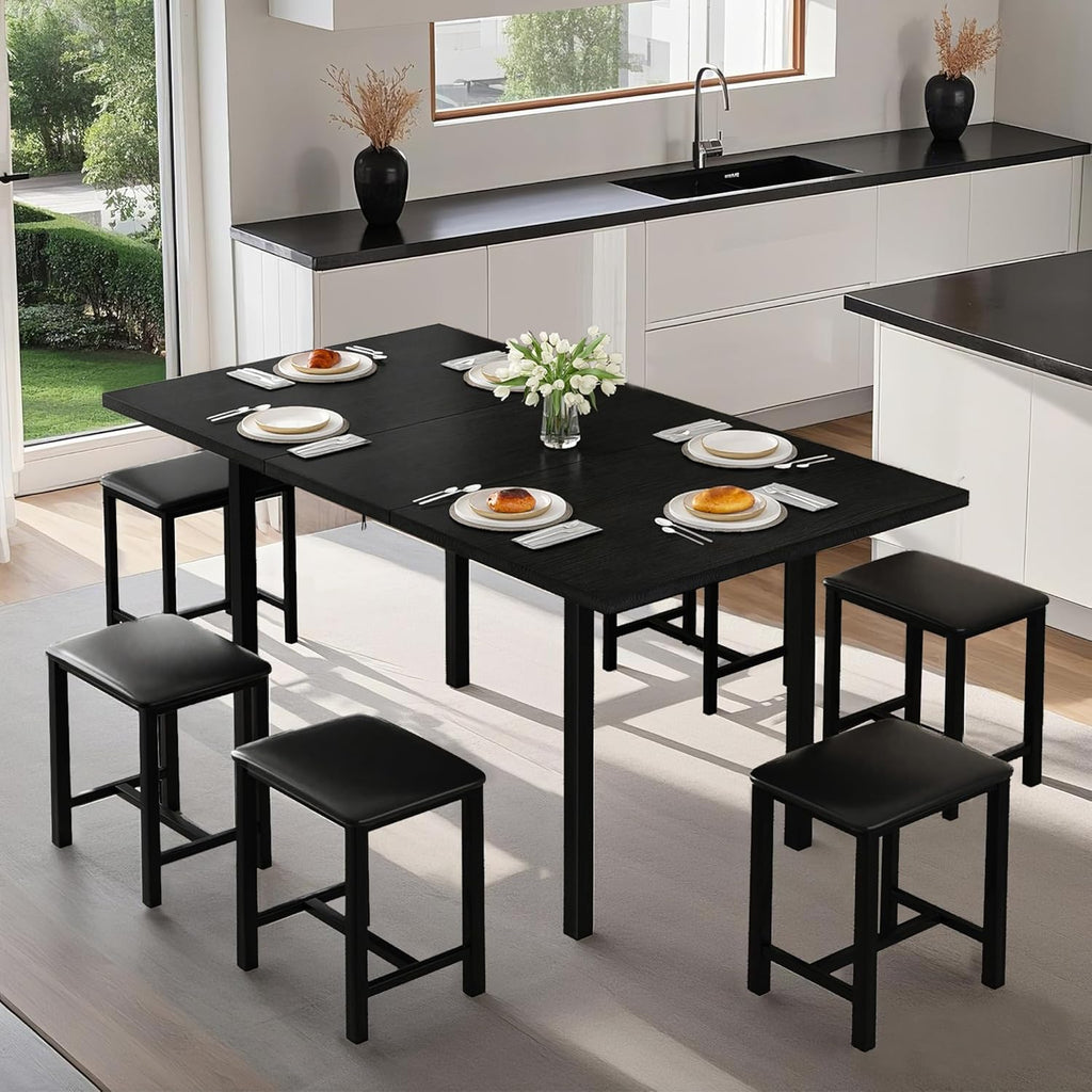 VECELO 7-Piece Dining Table Set, 63" Large Extendable Kitchen Table Set with USB Charging, Metal & Wood Support, Table with 6 PU Upholstered Stools, for 4-6, Small Space Saving Design, Black