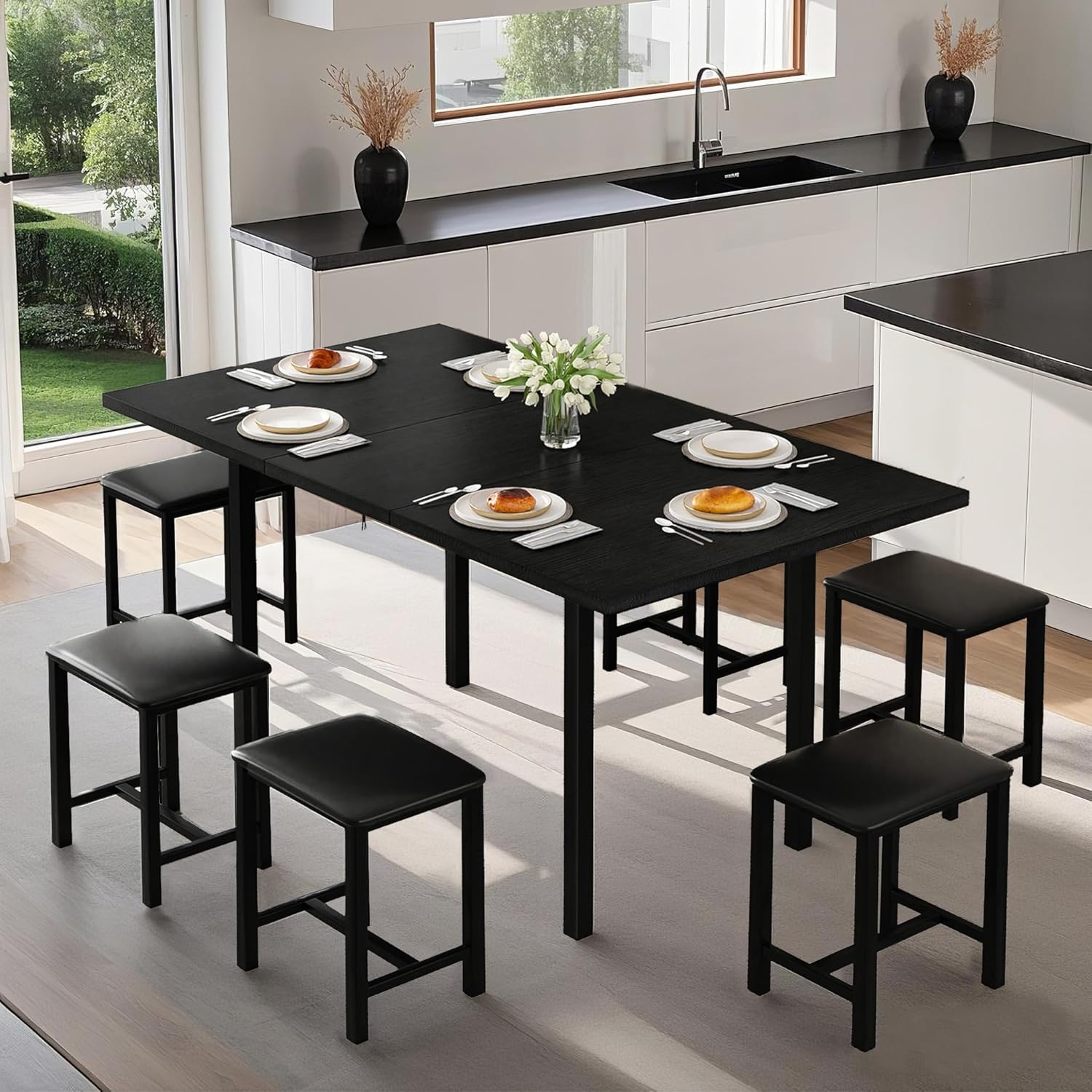 VECELO 7-Piece Dining Table Set, 63" Large Extendable Kitchen Table Set with USB Charging, Metal & Wood Support, Table with 6 PU Upholstered Stools, for 4-6, Small Space Saving Design, Black