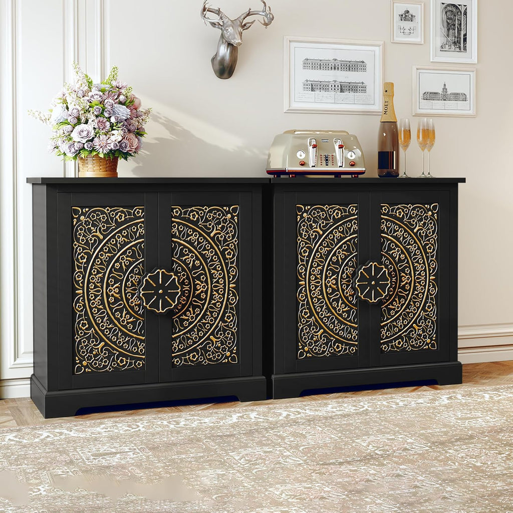 ARTPOWER Embossed Accent Cabinet Set of 2, Vintage Sideboard Buffet Cabinet, Credenza Storage Cabinets with Doors and Shelves for Living Room, Dining Room, Entryway, Hallway, Black