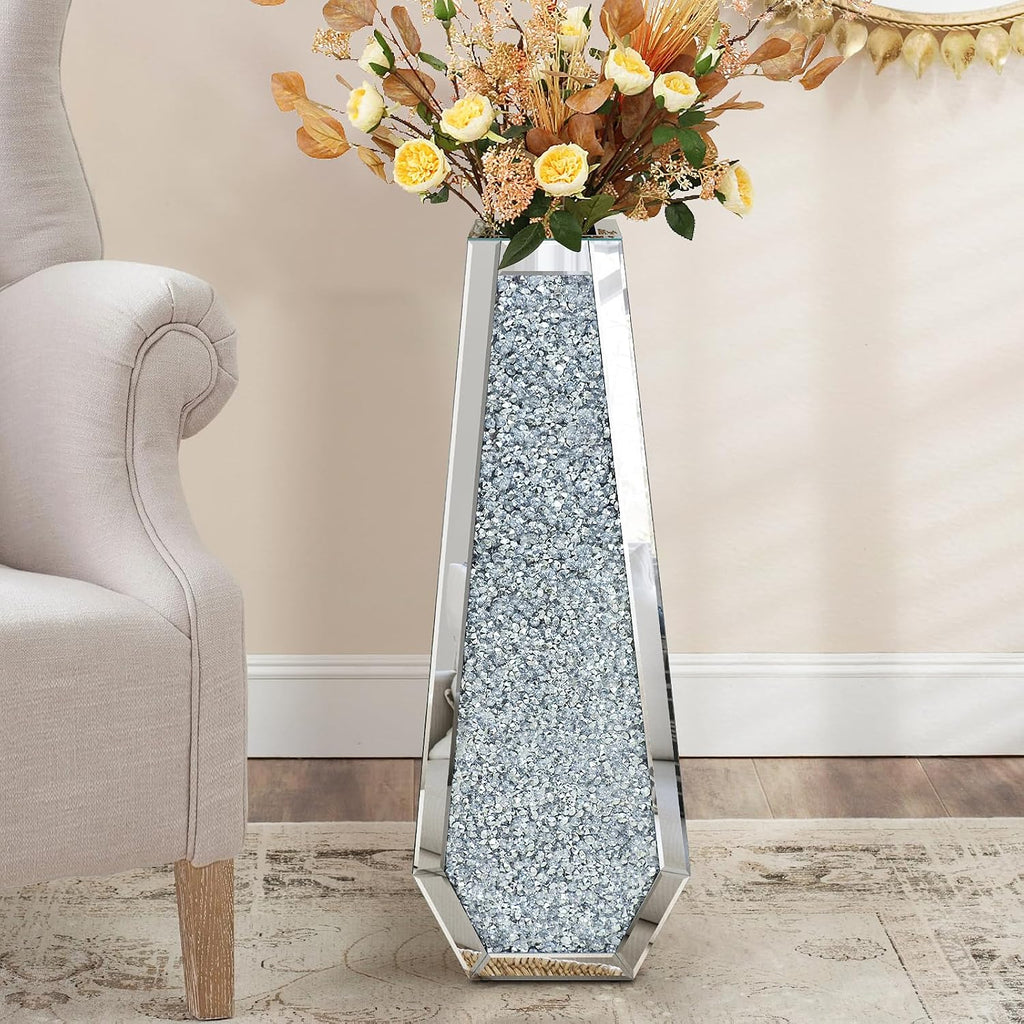 30" Tall Crushed Diamond Floor Vase, Silver Large Vases for Decor Living Room, Crystal Mirrored Home Decor Vases for Dried Flower