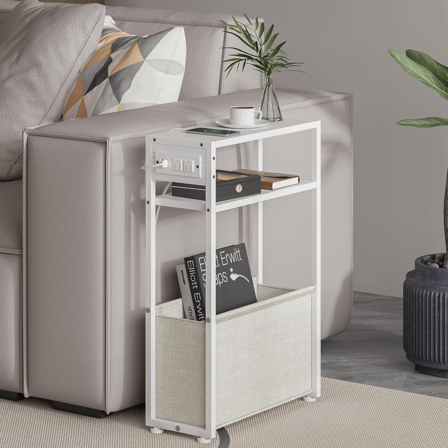 Leomonio White Side Table with Charging Station, Slim End Tables with Linen Basket, Skinny Table for Small Spaces, Thin Bedside Table for Living Room, Bedroom