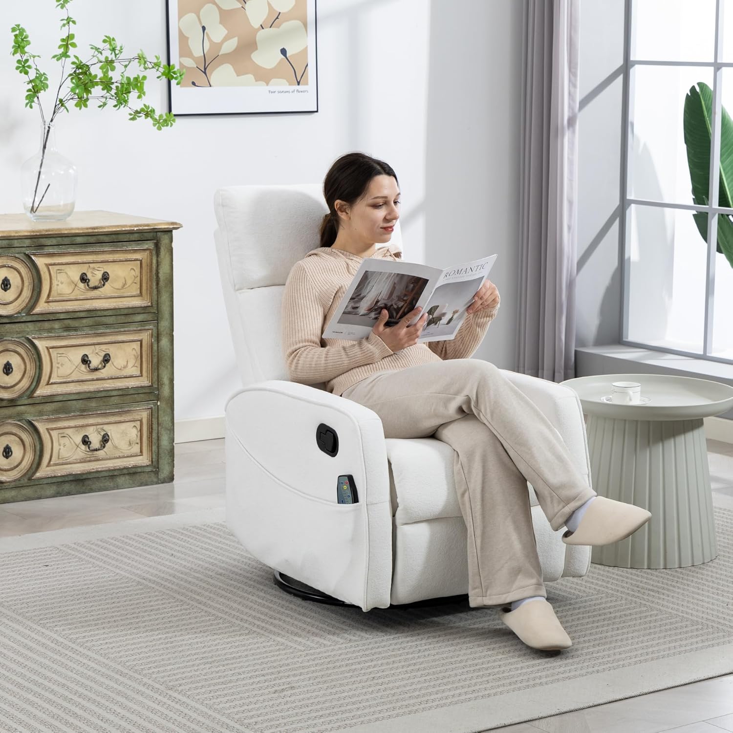Manual Rocking Chair Nursery with Massage and Heat for Adults | Comfy High Back Swivel Gilder Rocker Recliner for Bedroom Living Room