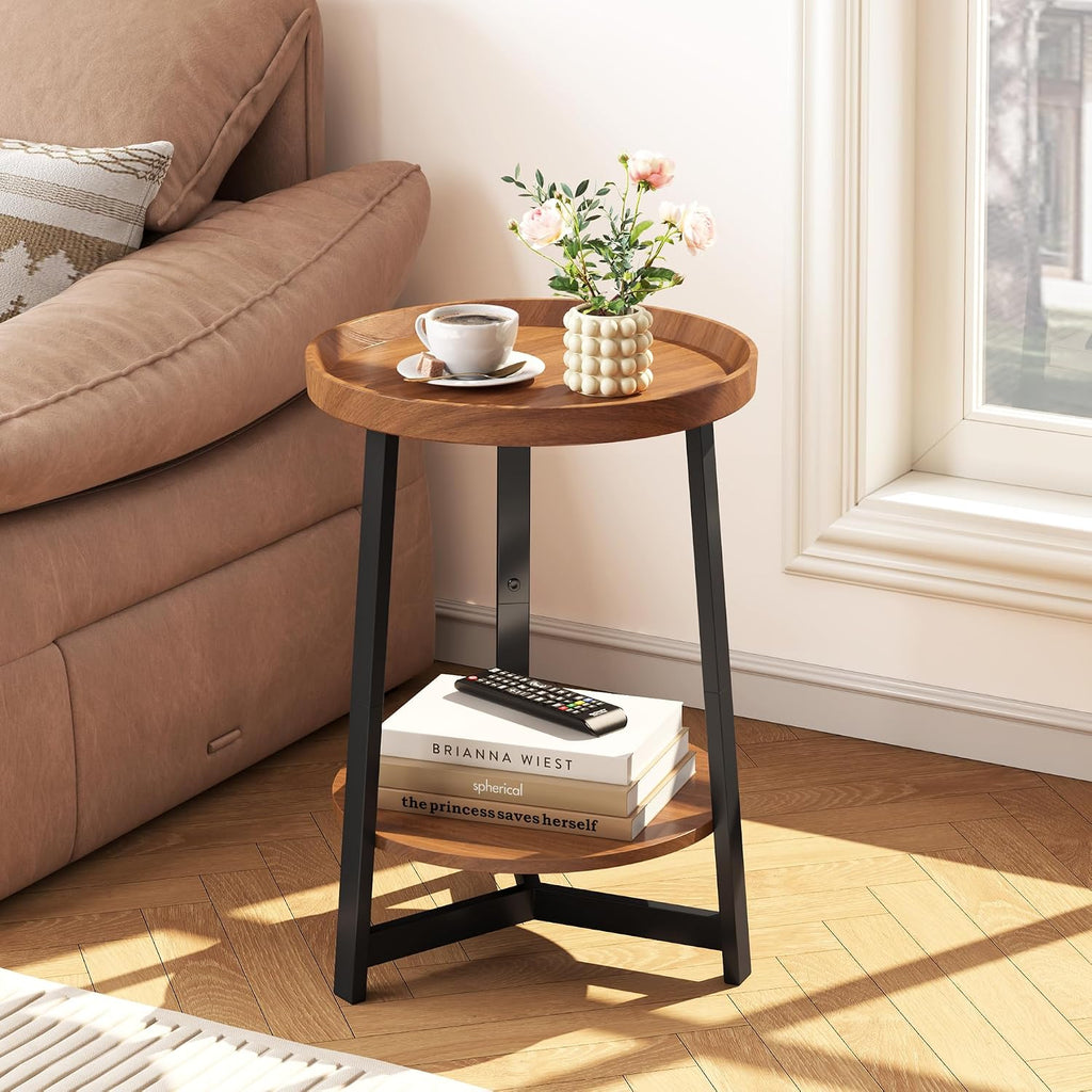 2-Tier Round End Table with Charging Station and Industrial Sofa Side Table,Raised Tabletop with Triangular Metal Frame for Small Spaces, Living Room, Bedroom,Cherry
