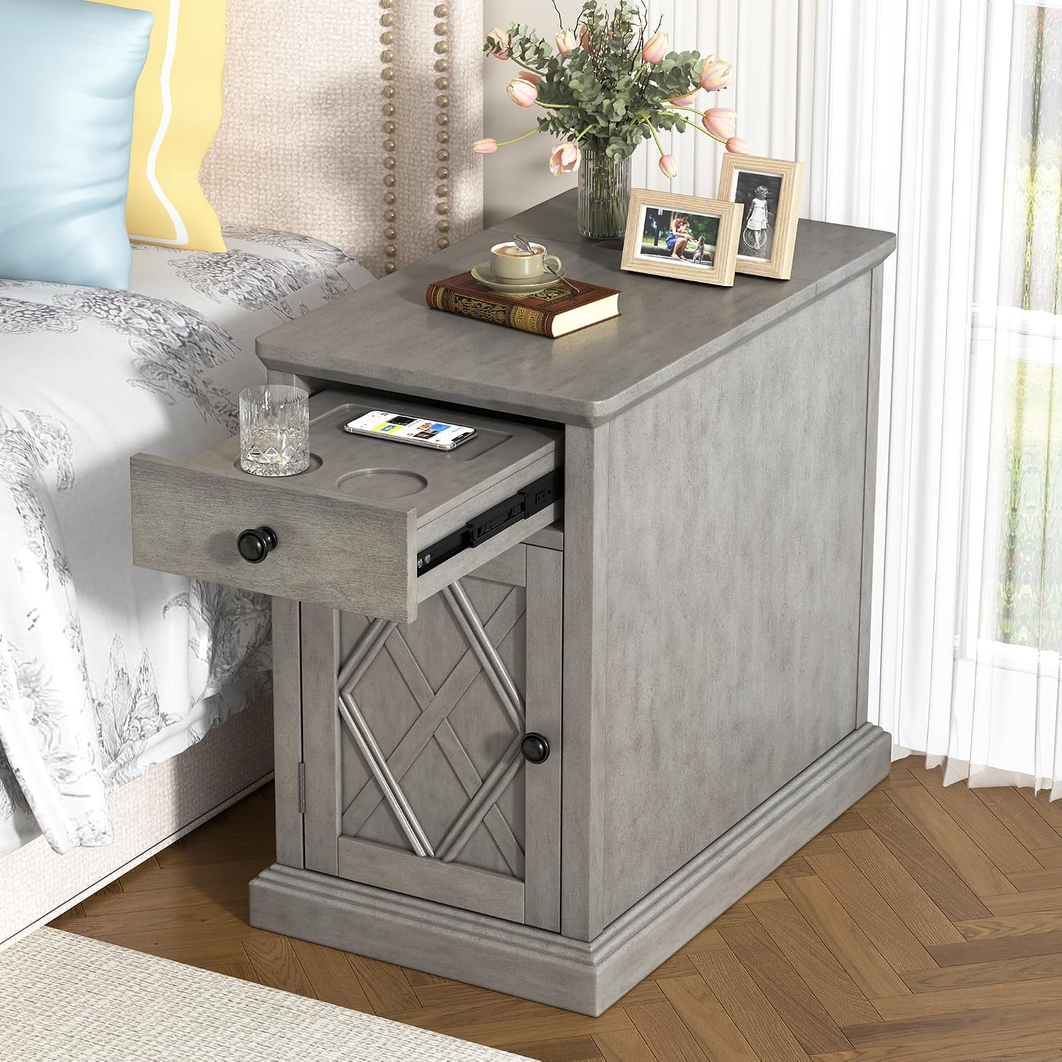 Traditional Wood End Table with Storage & Charging Station, Vintage Farmhouse Nightstand with USB Ports, Small Sofa Side Table for Living Room & Bedroom, Antique Gray