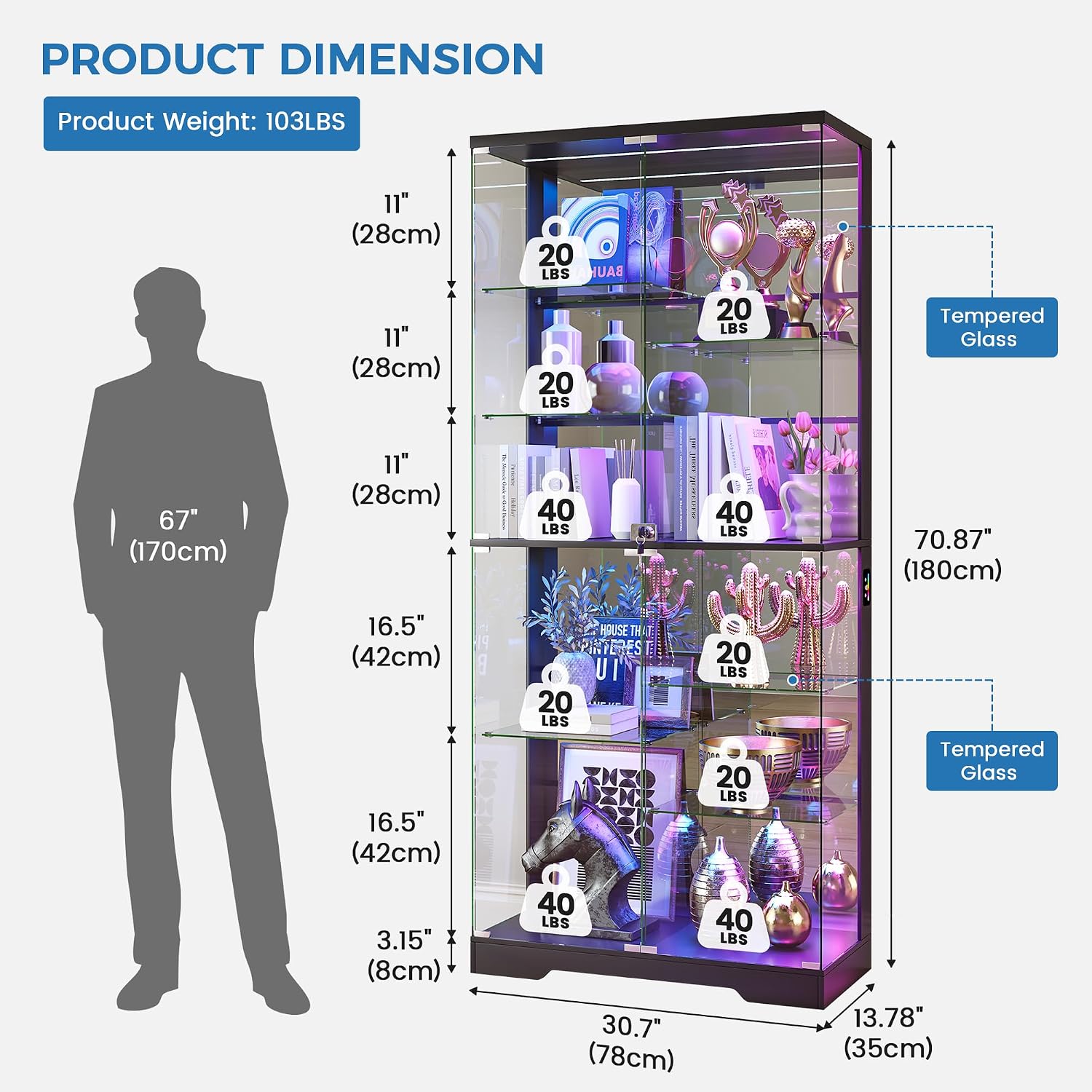 Glass Display Cabinet with RGB Lights,10-Tiers Curio Dispaly Cabinet with Human Body Sensor, Frameless Tall China Cabinets for Collectibles, Locking Showcase Cabinets with Shelf for Living Room