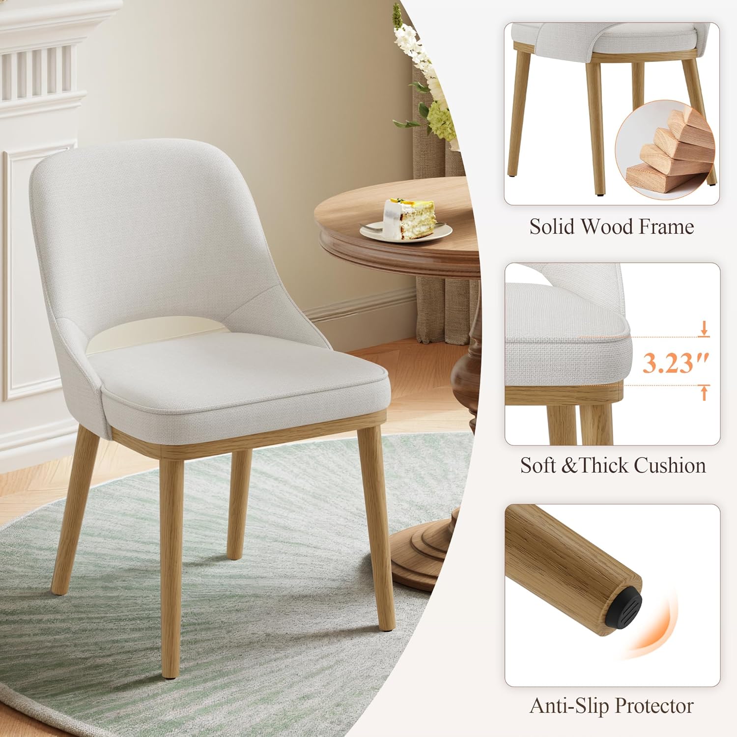 MALOL Wooden Dining Chairs Set of 4, Modern Fabric Upholstered Dining Room Chair, Kitchen Side Chairs, Farmhouse Armless Dinner Chair with Open Back for Kitchen, Beige